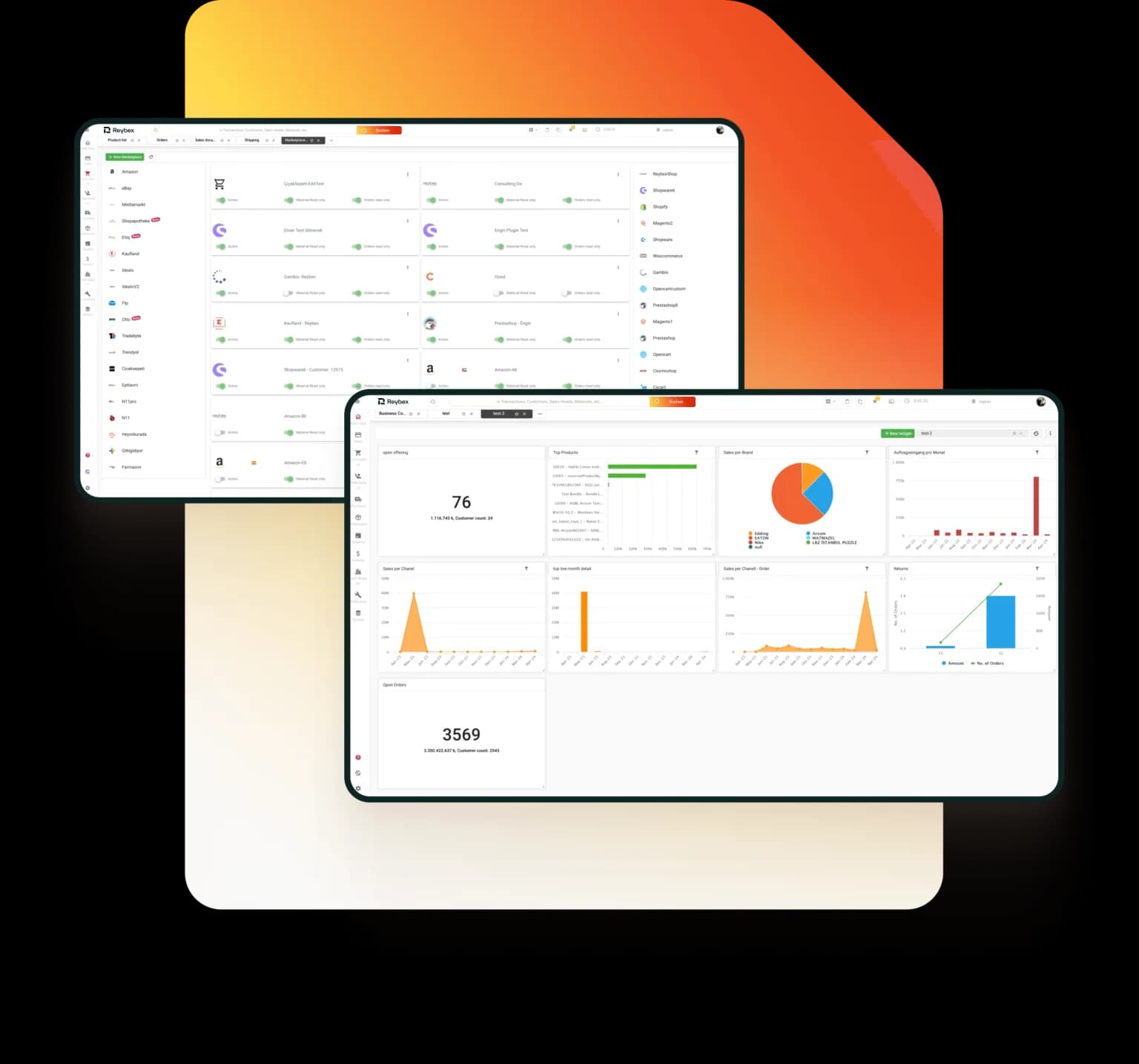 reybex ERP Dashboard mit Auftragsübersicht, E-Commerce-Cockpit und Umsatzanalyse. onboos begleitet E-Commerce- und Handelsunternehmen beim reybex Onboarding im DACH-Raum