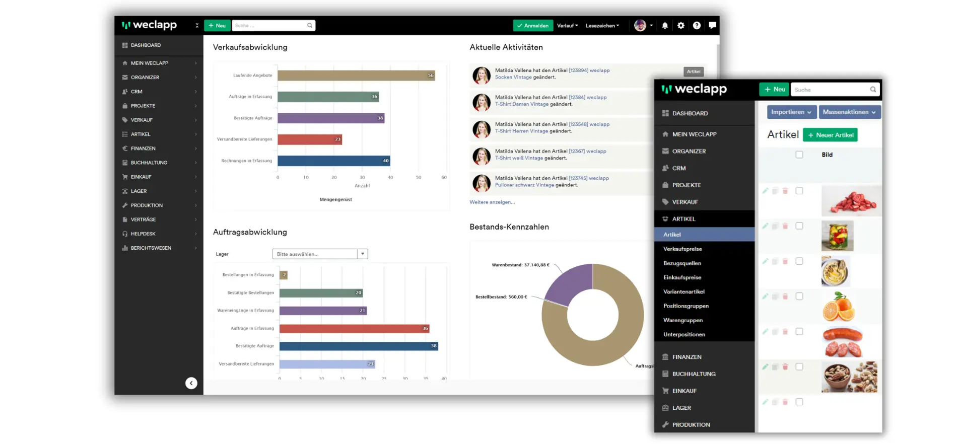 weclapp Cloud-ERP Dashboard mit Verkaufsabwicklung, Auftragsabwicklung und Artikelverwaltung: ERP-Software für Handel, Großhandel und E-Commerce